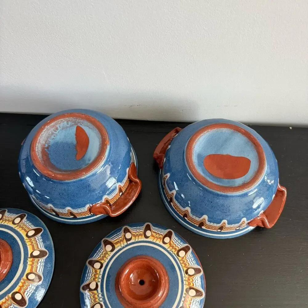 Vintage Bulgarian Redware Clay Pot Lid Traditional Folk Art Pottery Hand Painted